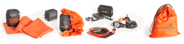 The Intelligent Pelican travel kit includes a universal plug, a portable charger, a sleeping bag liner, a padlock and cable, a travel towel, and a headlamp, all kept together within a rip-stop silk weather resistant drawstring bag.