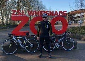 Nick Kurth, reaches the halfway point of his training ride, Whipsnade Zoo.